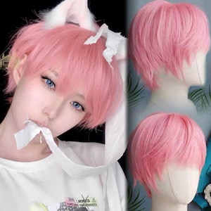Sakura Pink Short Natural Wigs with Bangs, Cute Short Wigs for Halloween Cosplay Anime Party, Man&#39;s Cool Wig, Heat Resistant Wig