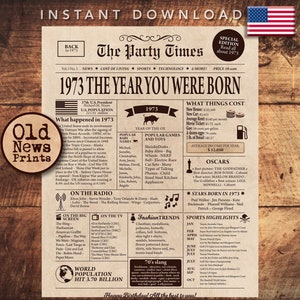 52st Birthday Newspaper Sign 1973 | 1973 Birthday poster | 52st Birthday Gift for Men or Women | 52 Years Ago Back in 1973 | 52 years old
