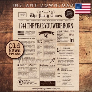 1944 Newspaper poster, 81th Birthday poster sign, INSTANT DOWNLOAD, Back in 1944, Birthday party decor, Birthday Newspaper gift