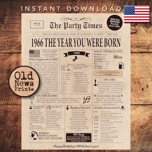 59th Birthday newspaper poster, 1966 Birthday gift, PRINTABLE POSTER, Back in 1966, Birthday party decor, 1966 Newspaper gift