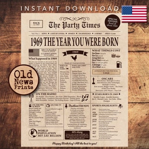 56th Birthday newspaper poster, 1969 Birthday Gift, DIGITAL DOWNLOAD, Back in 1969, Newspaper print, Birthday party decor, 56 years old gift