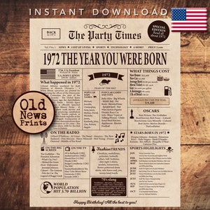 1972 Birthday gift, DIGITAL DOWNLOAD, Back in 1972, Newspaper print, Birthday party decor, 1972 Newspaper poster, Birthday newspaper, 11x14