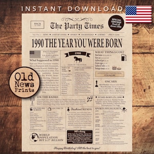 1990 Newspaper poster gift, Birthday print, PRINTABLE, Back in 1990, Newspaper print, Birthday gift, INSTANT DOWNLOAD, 8x10, 11x14, 16x20