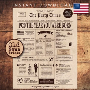 105th birthday newspaper poster, 1920 birthday gift, 105th Birthday party decoration, gift for grandma or grandpa