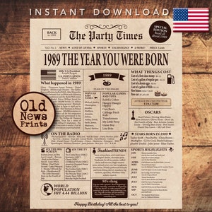 36th Birthday Newspaper Sign, 1989 Birthday poster,  Birthday Gift Idea For Men, Back in 1989, Newspaper print, 36 years old