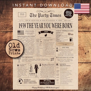 86th Birthday Newspaper poster, 1939 Birthday gift, INSTANT DOWNLOAD, Back in 1939, 86th Birthday decoration, Birthday gift for him or her