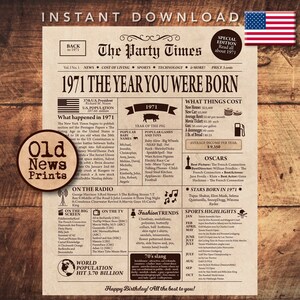 54nd Birthday newspaper poster | 1971 Birthday gift | Back in 1971 | 54nd Birthday party decoration | Birthday gift for women or men