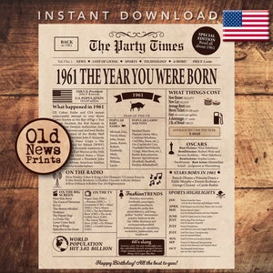64rd Birthday Newspaper poster, 1961 Birthday gift, Back in 1961, DIGITAL DOWNLOAD, Birthday party decor, Gift for grandma