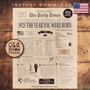 100th birthday newspaper poster, 1925 Birthday gift, Back in 1925, Birthday poster, 100th Birthday party decoration, Gift for grandma