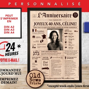 May include: A framed poster titled L'Anniversaire featuring a 1984 newspaper theme with a central photograph, historical facts, music hits, and movie titles from that year. The design includes text in French, a beige background, and black borders.