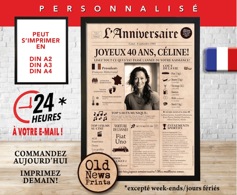 May include: A framed poster titled L'Anniversaire featuring a 1984 newspaper theme with a central photograph, historical facts, music hits, and movie titles from that year. The design includes text in French, a beige background, and black borders.
