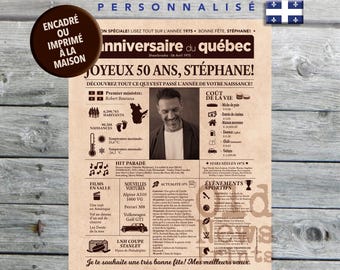 Journal de naissance Québec 1975 - Affiche année de naissance, anniversaire 50 ans, décoration fête anniversaire, cadeau 50 ans, CANADA