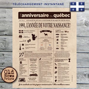 Journal de naissance Québec 1991 - Affiche année de naissance, anniversaire 34, decoration fête anniversaire, cadeau 34 ans, KANADA