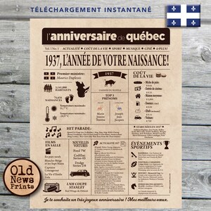 Journal de naissance Québec 1937 - Affiche année de naissance, anniversaire 88ans, décoration fête anniversaire, cadeau 88 ans, CANADA