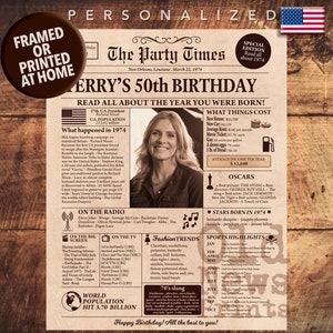 50th Birthday Newspaper Poster, 50th Birthday Gift for Him or Her, 50th Birthday Decorations, Gifts for Men, Gifts for Women, Back in 1974
