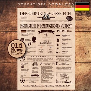 May include: A vintage-style newspaper-themed printable poster celebrating the year 1950. The poster features a headline "1950 Das Jahr, in dem du geboren wurdest" (1950 The year you were born) and includes information about events, prices, and popular culture from that year. The poster is designed to look like an old newspaper with a brown background and yellowed paper.