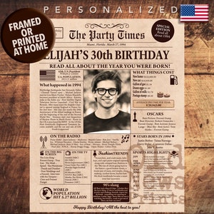 30th Birthday Newspaper, Milestone birthday gift, 30th Birthday Gift for Him or Her, Back in 1994 Sign, 30th Birthday Gift