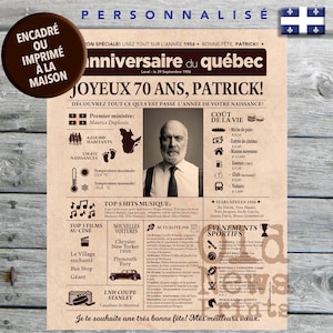Journal de naissance Québec 1956 - Affiche anniversaire 70 ans, décoration fête, CANADA