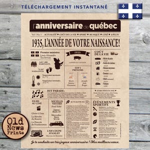 Journal de naissance Québec 1935 - Affiche année de naissance, anniversaire 90 ans, décoration fête anniversaire, cadeau 90 ans, CANADA