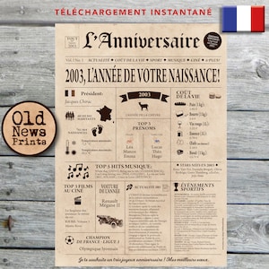 Affiche 2003, Affiche année de naissance, Cadeau anniversaire 22 ans, Décoration fête anniversaire, Journal rétro, Affiche personnalisée