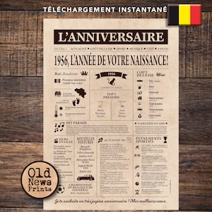 May include: A vintage-style print with the headline "L'ANNIVERSAIRE" and the year "1956." The print includes various facts and events from that year, with the text "OLD News Prints" in a circular logo. The background is a light brown color.