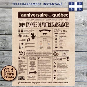 May include: A vintage-style print titled "l'anniversaire du Québec" with the text "2019, L'ANNÉE DE VOTRE NAISSANCE!" in large letters. The print includes information about the year 2019, such as the premier, cost of living, and top baby names.