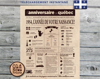 Journal de naissance Québec 1954 - Affiche année de naissance, anniversaire 71 ans, décoration fête anniversaire, cadeau 71 ans, CANADA