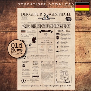 Geschenkzeitung zum 63. Geburtstag 1962- Vintage DEUTSCH Geburtstagszeitung mit echten Daten - einzigartiges Geburtstagsgeschenk