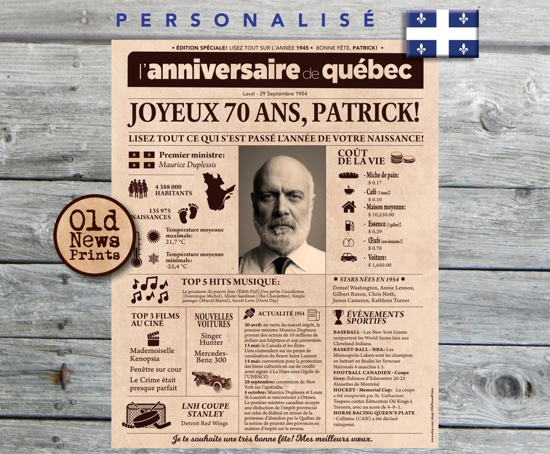 Journal De Naissance Québec 1954 Affiche Année De Naissance, Anniversaire 70 Ans, Décoration