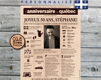 Journal de naissance Québec 1974 - Affiche année de naissance, anniversaire 50 ans, décoration fête anniversaire, cadeau 50 ans, CANADA