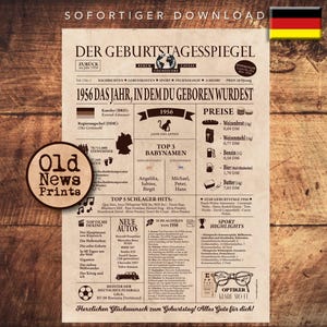 May include: A vintage-style print titled "Der Geburtstagesspiegel" (The Birthday Mirror) from 1956, featuring news, prices, and highlights from that year. Includes the text "Old News Prints" and German text. The print has a weathered, aged appearance.