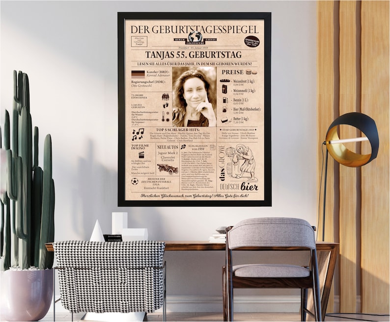 May include: A framed print with a newspaper-style design, featuring the headline "DER GEBURTSTAGESSPIEGEL" and the text "TANJAS 55. GEBURTSTAG." The print includes a sepia-toned photo and various informational sections.