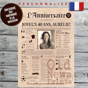 May include: A personalized birthday poster designed like a vintage newspaper titled L'Anniversaire, dated September 8, 1986. It features a central black and white portrait, historical facts, 1986 pop culture, and the text Joyeux 40 ans, Aur&eacute;lie.