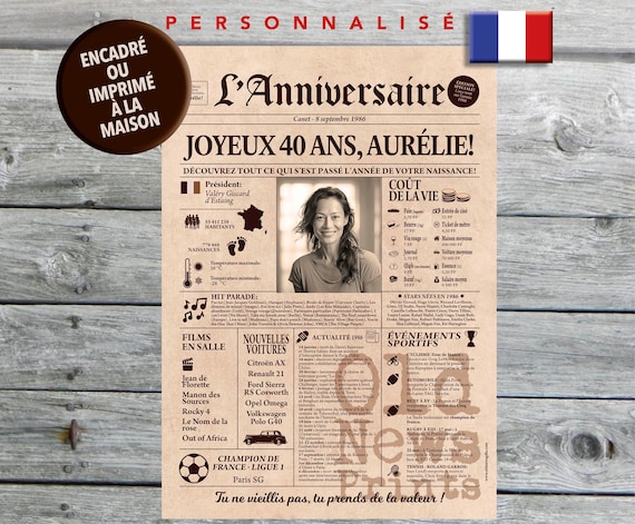 Journal de naissance personnalisé, affiche vintage année de naissance, idée cadeau 40 ans, décoration anniversaire, journal français
