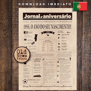 1955 Jornal Vintage Portugal | Cartaz Presente Aniversário 70 anos | Download Instantâneo | Newspaper, Personalized gift | Last minute gift