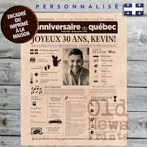 Journal de naissance Québec 1994 - Affiche année de naissance, anniversaire 30 ans, décoration fête anniversaire, cadeau 30 ans, CANADA