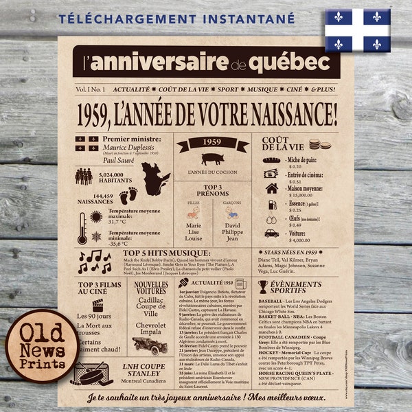 Affiche 1959 QUÉBEC - Affiche année de naissance, anniversaire 65 ans, décoration fête anniversaire, cadeau 65 ans, CANADA