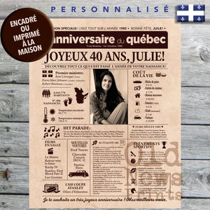 Journal de naissance Québec 1985 - Affiche anniversaire, cadeau pour femme 40 ans, décoration fête anniversaire, cadeau 40 ans, CANADA
