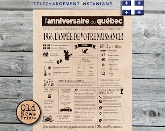 Journal de naissance Québec 1956 - Affiche année de naissance, anniversaire 70, décoration fête anniversaire, cadeau 70 ans, CANADA