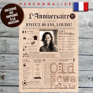Cadeau 40 ans femme , Affiche journal rétro, Cadeau anniversaire, Cadeau femme 40 ans, Affiche personnalisée, Né en 1985, Journal français