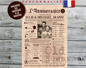Cadeau anniversaire de mariage 10 ans, Affiche journal rétro, Cadeau noces d'étain, Affiche personnalisée, 2015, Journal français