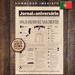 1954 Jornal Vintage Portugal | Cartaz Presente Aniversário 71 Jahre | Download Instantaneo | Zeitung, Personalisiertes Geschenk | Last Minute Geschenk