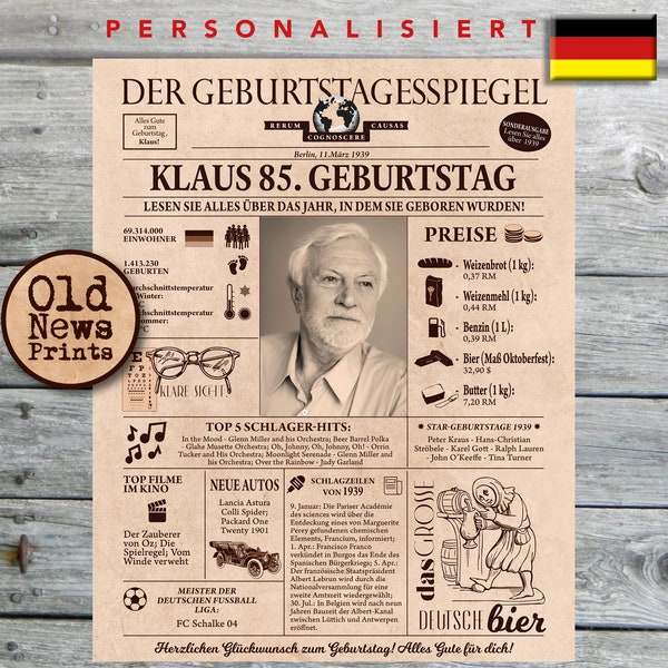 85th Birthday gift, Geburtstagszeitung, Personalized newspaper, Digital download, born in 1939, Zeitungsposter deutsch