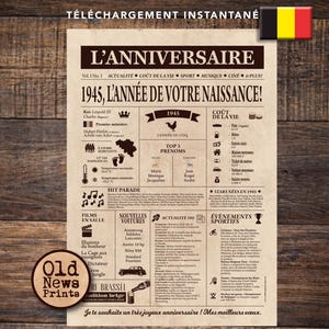 Affiche 1945 BELGIQUE- Affiche année de naissance, anniversaire 80 ans, idée cadeau pas cher, déco fête anniversaire, cadeau dernière minute
