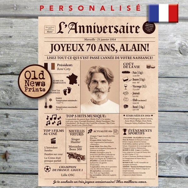 Cadeau 70 ans homme , Affiche journal rétro, Cadeau anniversaire, Cadeau homme 70 ans, Affiche personnalisée, Né en 1954, Journal français