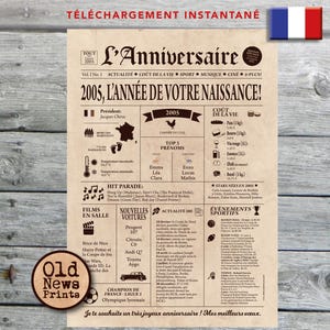 Affiche 2005, Affiche année de naissance, anniversaire 20 ans, décoration fête anniversaire, cadeau de dernière minute