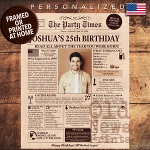 25th Birthday Newspaper Sign, 25th Birthday Gift, 25th Birthday Decoration, Born in 1999 Birthday, 25 Years Ago Back in 1999 Highlights