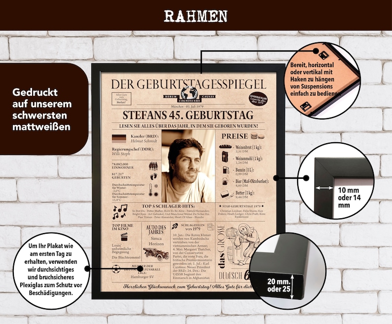 May include: A black framed poster with a newspaper-style design. The poster features a photo of a man and text that reads "Der Geburtstagsspiegel Stefan's 45. Geburtstag." The poster is printed on a thick, matte white paper. The frame is 10 mm or 14 mm wide and 20 mm or 25 mm wide.