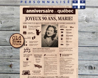 Journal de naissance Québec 1934 - Affiche année de naissance, anniversaire 90 ans, décoration fête anniversaire, cadeau 90 ans, CANADA