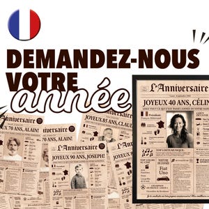May include: A framed personalized newspaper poster titled L'Anniversaire featuring a sepia-toned vintage layout. The print includes a central portrait, the text JOYEUX 40 ANS, C&Eacute;LINE!, and various historical facts from the year of birth, including music, films, and sports.